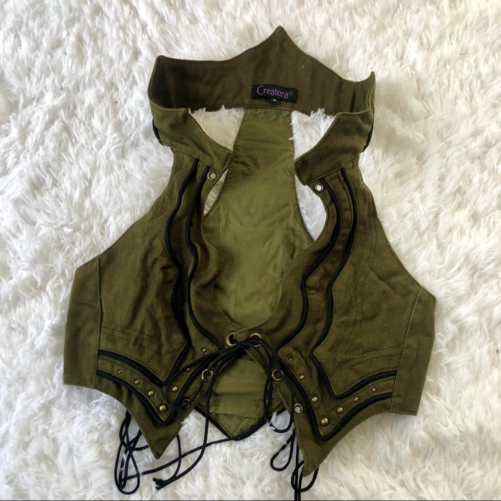 Creatura Festival Vest - high collar green studded short vest - Picture 2 of 15